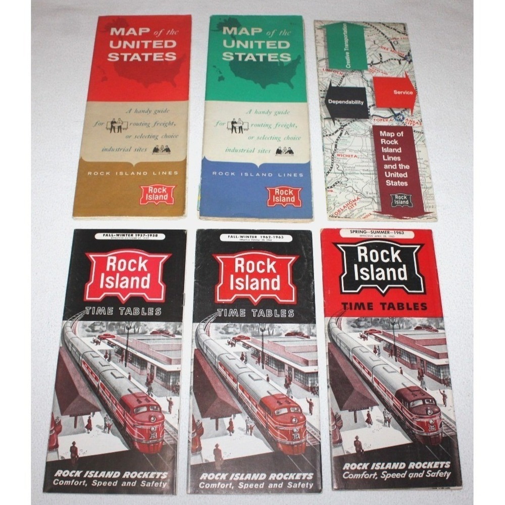 vintage 3 Rock Island Rockets Time Tables & 3 Rock Island Lines US Maps 1950-70s